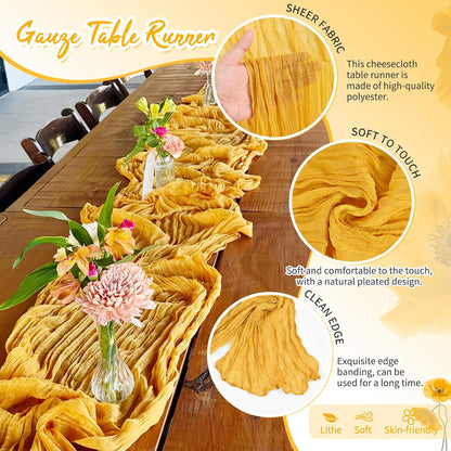 18 Pack Light Yellow Cheesecloth Table Runners, 17 x 108 Inches | Soft polyester gauze,natural wrinkled texture,reinforced edges,reusable,machine washable,weddings,baby showers