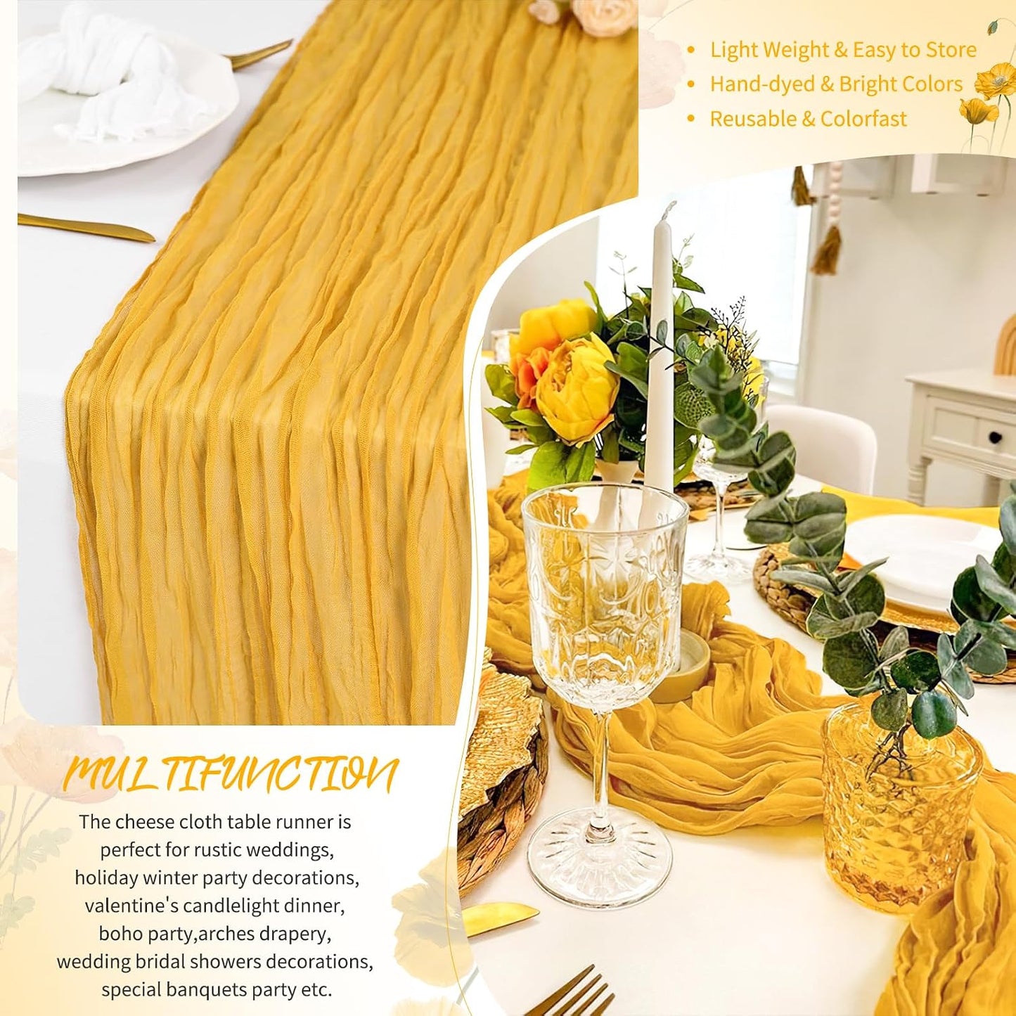 18 Pack Light Yellow Cheesecloth Table Runners, 17 x 108 Inches | Soft polyester gauze,natural wrinkled texture,reinforced edges,reusable,machine washable,weddings,baby showers