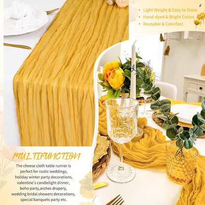 18 Pack Light Yellow Cheesecloth Table Runners, 17 x 108 Inches | Soft polyester gauze,natural wrinkled texture,reinforced edges,reusable,machine washable,weddings,baby showers