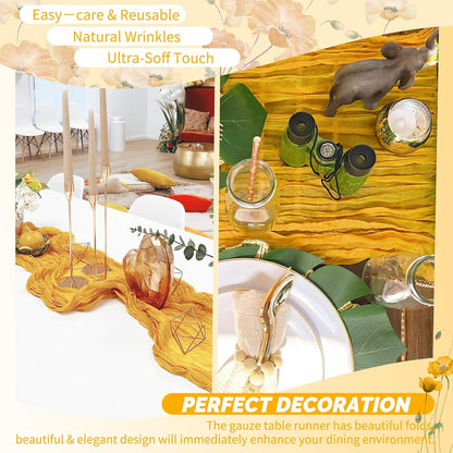 18 Pack Light Yellow Cheesecloth Table Runners, 17 x 108 Inches | Soft polyester gauze,natural wrinkled texture,reinforced edges,reusable,machine washable,weddings,baby showers