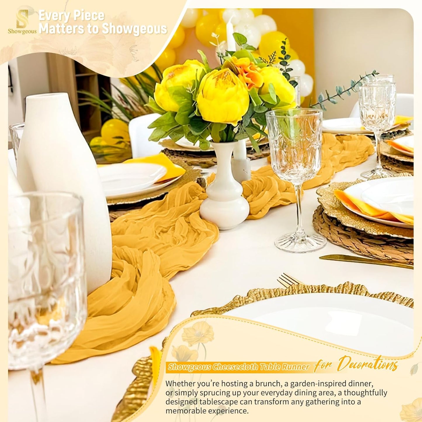 18 Pack Light Yellow Cheesecloth Table Runners, 17 x 108 Inches | Soft polyester gauze,natural wrinkled texture,reinforced edges,reusable,machine washable,weddings,baby showers