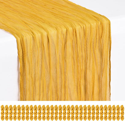 18 Pack Light Yellow Cheesecloth Table Runners, 17 x 108 Inches | Soft polyester gauze,natural wrinkled texture,reinforced edges,reusable,machine washable,weddings,baby showers
