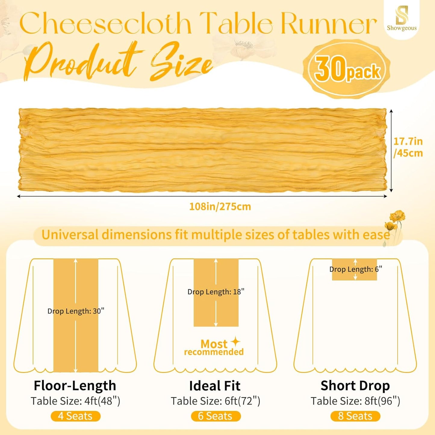 18 Pack Light Yellow Cheesecloth Table Runners, 17 x 108 Inches | Soft polyester gauze,natural wrinkled texture,reinforced edges,reusable,machine washable,weddings,baby showers