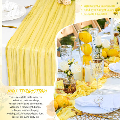 18 Pack Light Yellow Cheesecloth Table Runners, 17 x 108 Inches | Soft polyester gauze,natural wrinkled texture,reinforced edges,reusable,machine washable,weddings,baby showers