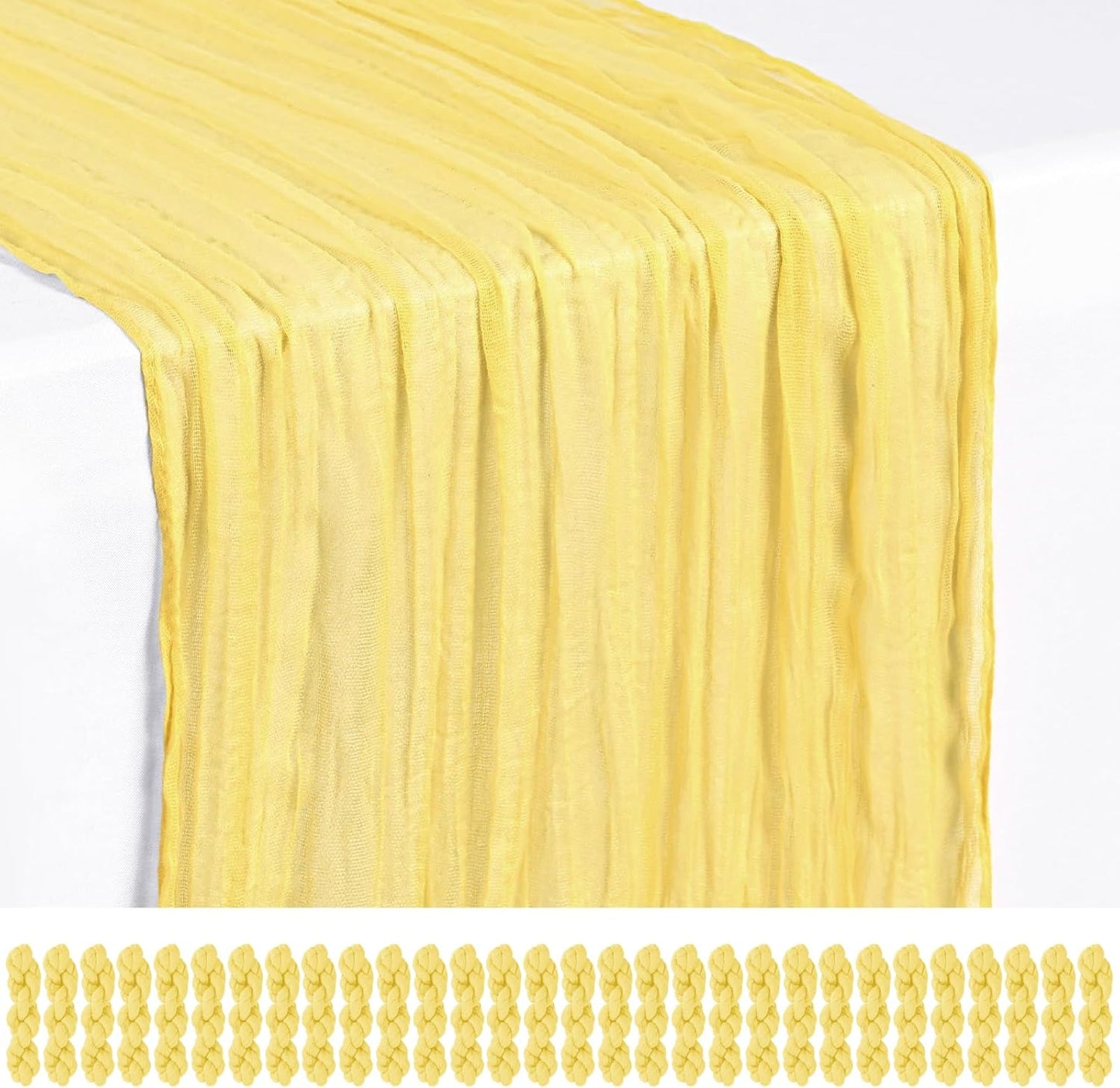 18 Pack Light Yellow Cheesecloth Table Runners, 17 x 108 Inches | Soft polyester gauze,natural wrinkled texture,reinforced edges,reusable,machine washable,weddings,baby showers