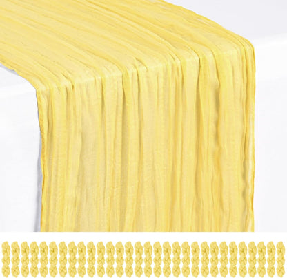 18 Pack Light Yellow Cheesecloth Table Runners, 17 x 108 Inches | Soft polyester gauze,natural wrinkled texture,reinforced edges,reusable,machine washable,weddings,baby showers