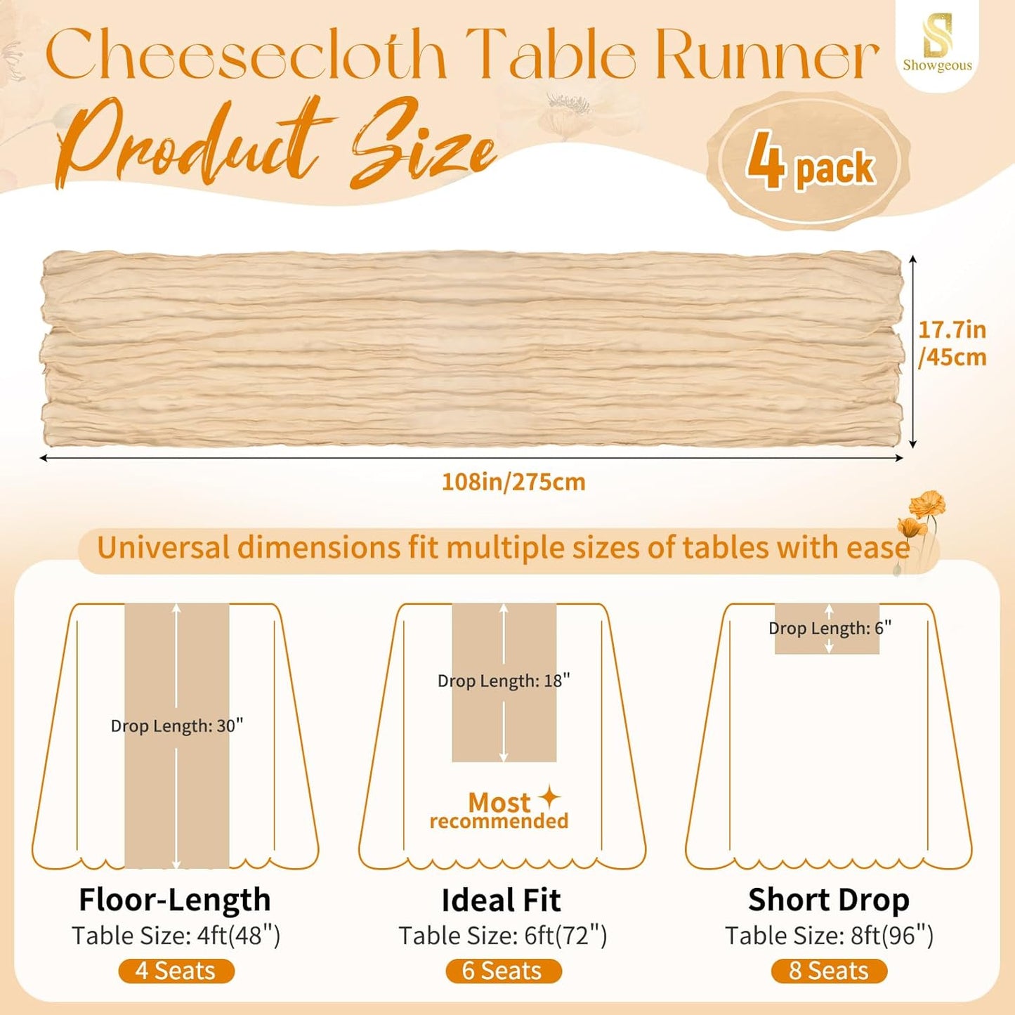 18 Pack Light Yellow Cheesecloth Table Runners, 17 x 108 Inches | Soft polyester gauze,natural wrinkled texture,reinforced edges,reusable,machine washable,weddings,baby showers