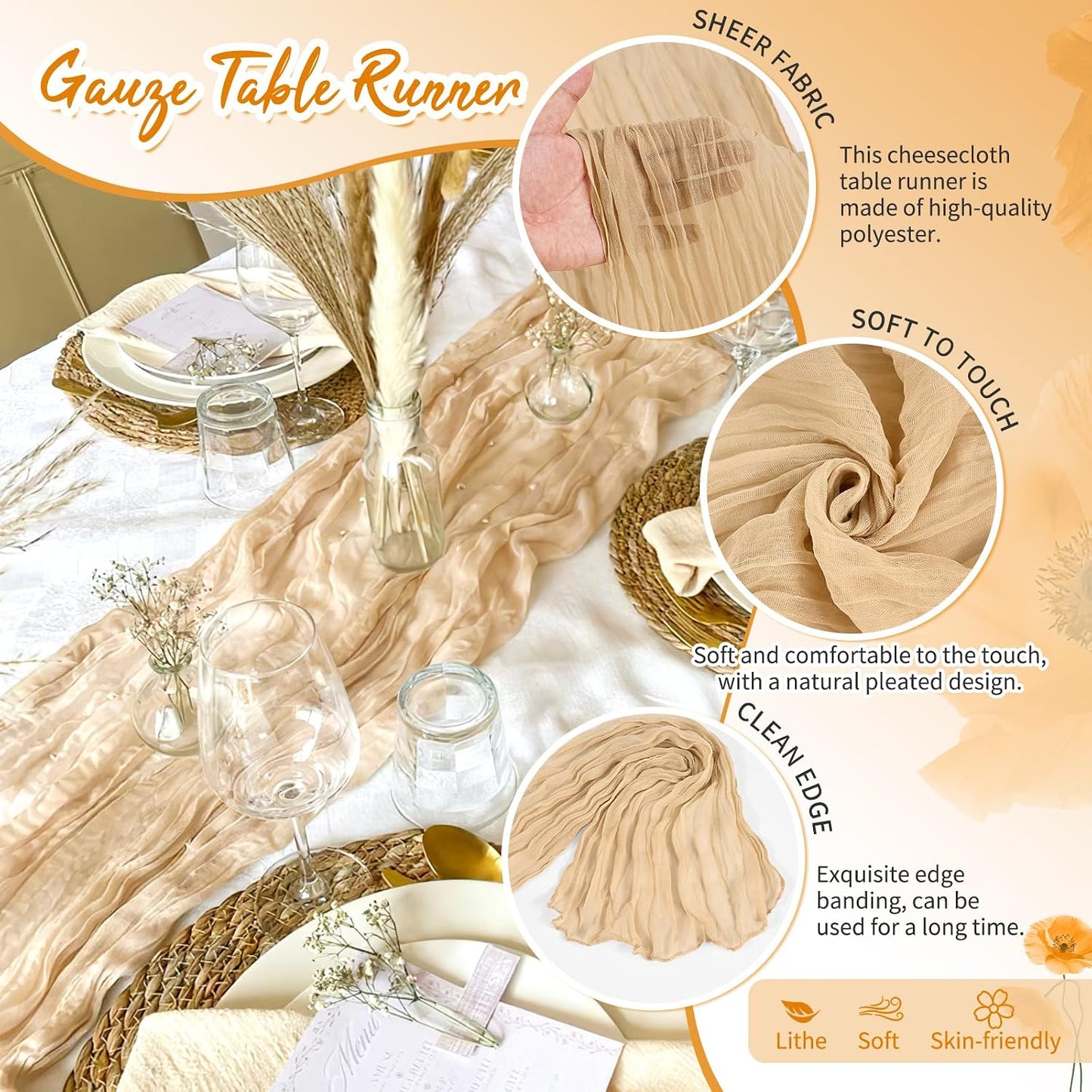 18 Pack Light Yellow Cheesecloth Table Runners, 17 x 108 Inches | Soft polyester gauze,natural wrinkled texture,reinforced edges,reusable,machine washable,weddings,baby showers