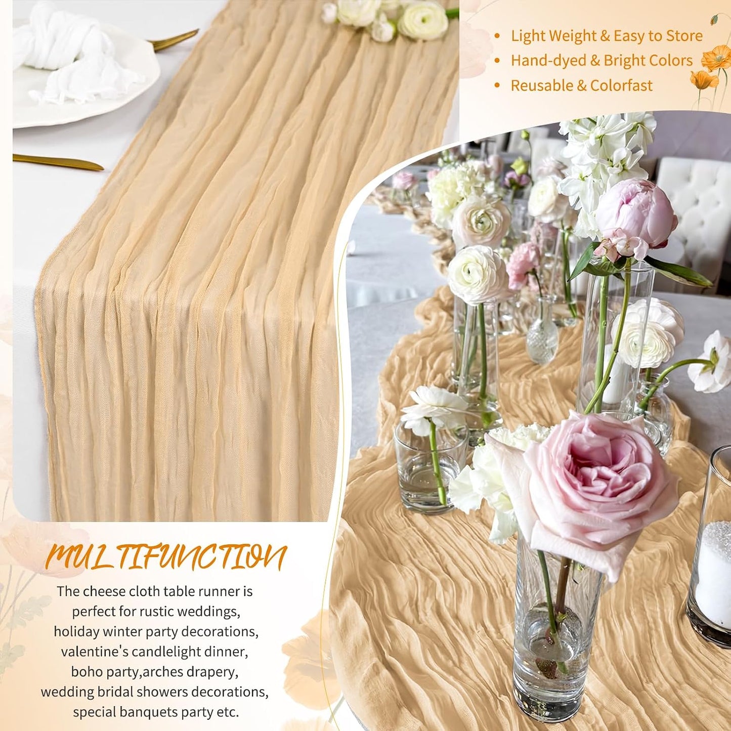 18 Pack Light Yellow Cheesecloth Table Runners, 17 x 108 Inches | Soft polyester gauze,natural wrinkled texture,reinforced edges,reusable,machine washable,weddings,baby showers