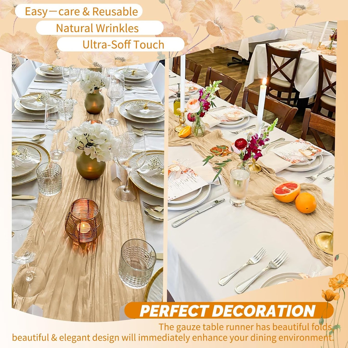 18 Pack Light Yellow Cheesecloth Table Runners, 17 x 108 Inches | Soft polyester gauze,natural wrinkled texture,reinforced edges,reusable,machine washable,weddings,baby showers