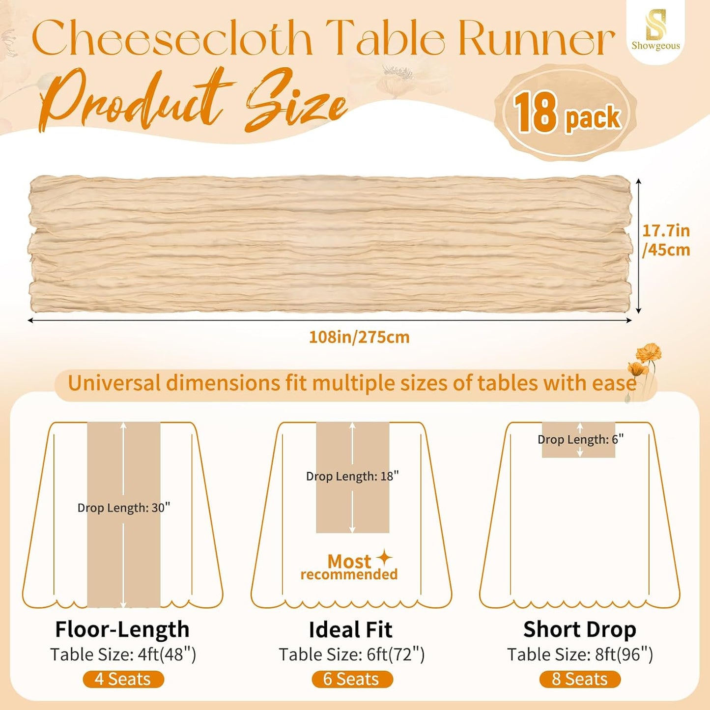 18 Pack Light Yellow Cheesecloth Table Runners, 17 x 108 Inches | Soft polyester gauze,natural wrinkled texture,reinforced edges,reusable,machine washable,weddings,baby showers