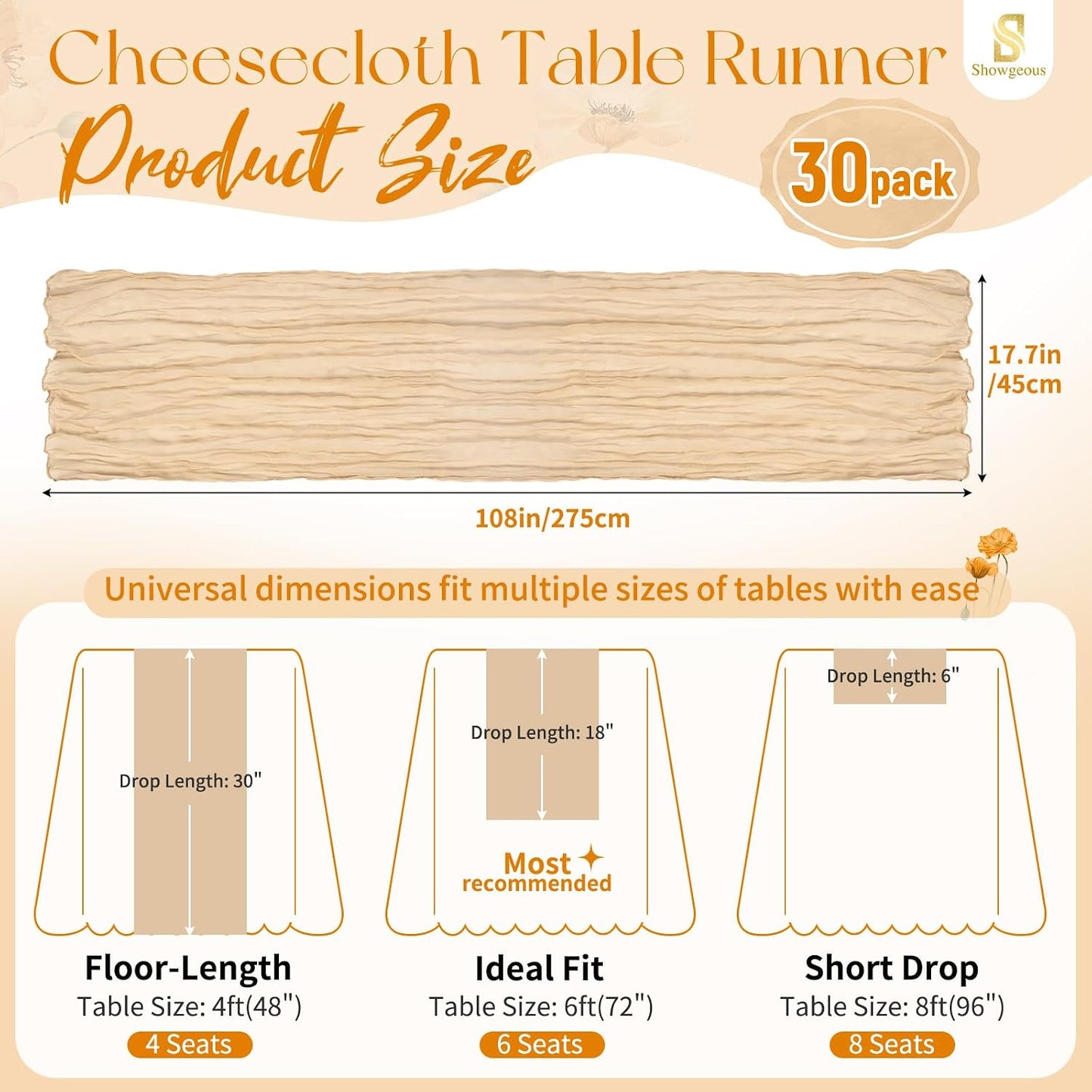 18 Pack Light Yellow Cheesecloth Table Runners, 17 x 108 Inches | Soft polyester gauze,natural wrinkled texture,reinforced edges,reusable,machine washable,weddings,baby showers