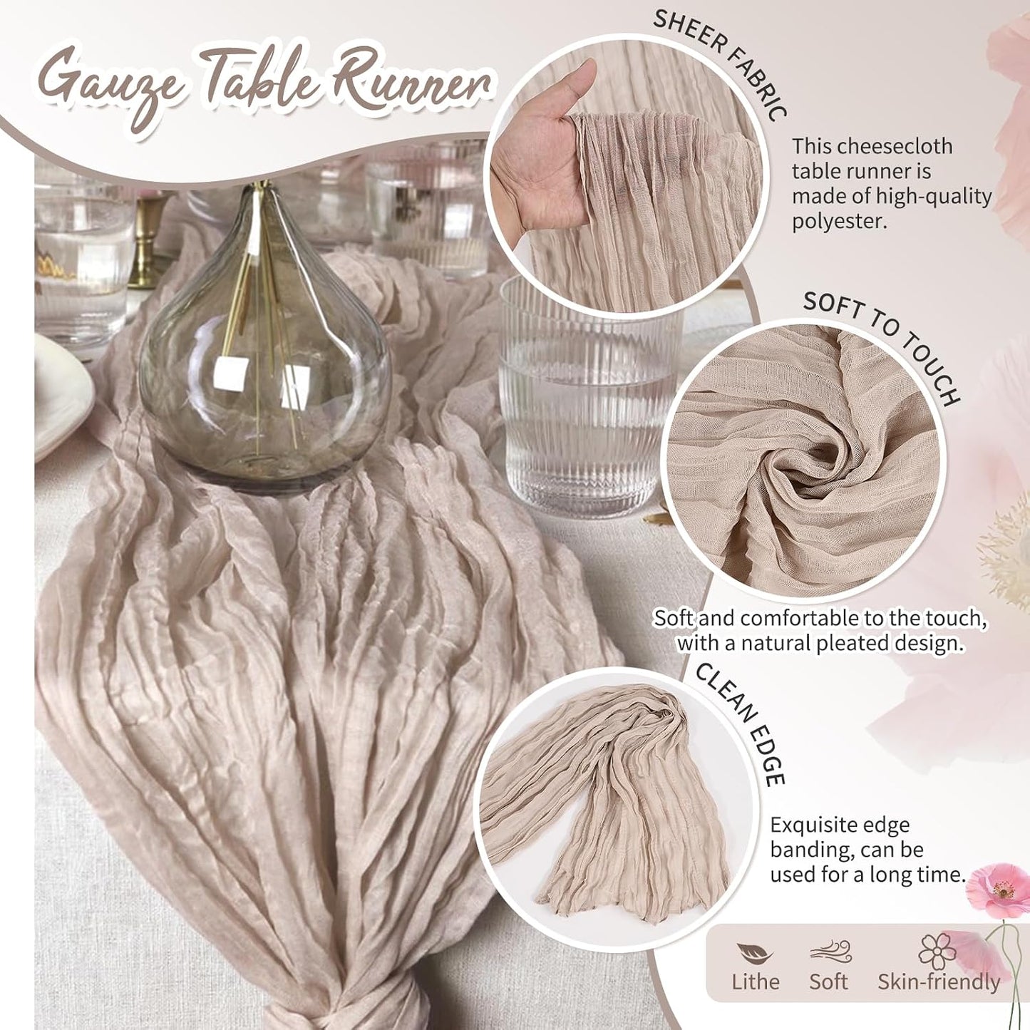 18 Pack Light Yellow Cheesecloth Table Runners, 17 x 108 Inches | Soft polyester gauze,natural wrinkled texture,reinforced edges,reusable,machine washable,weddings,baby showers