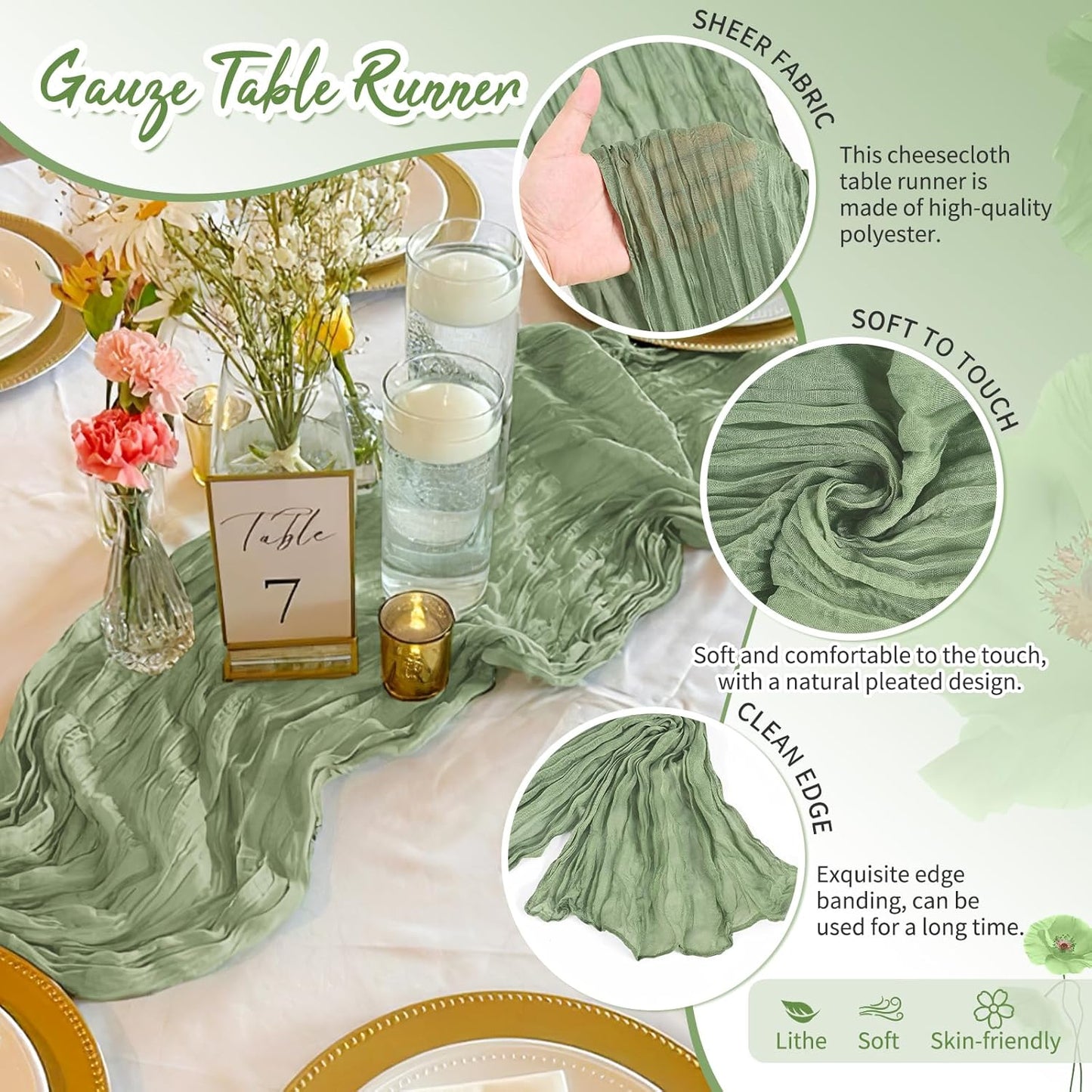 18 Pack Light Yellow Cheesecloth Table Runners, 17 x 108 Inches | Soft polyester gauze,natural wrinkled texture,reinforced edges,reusable,machine washable,weddings,baby showers