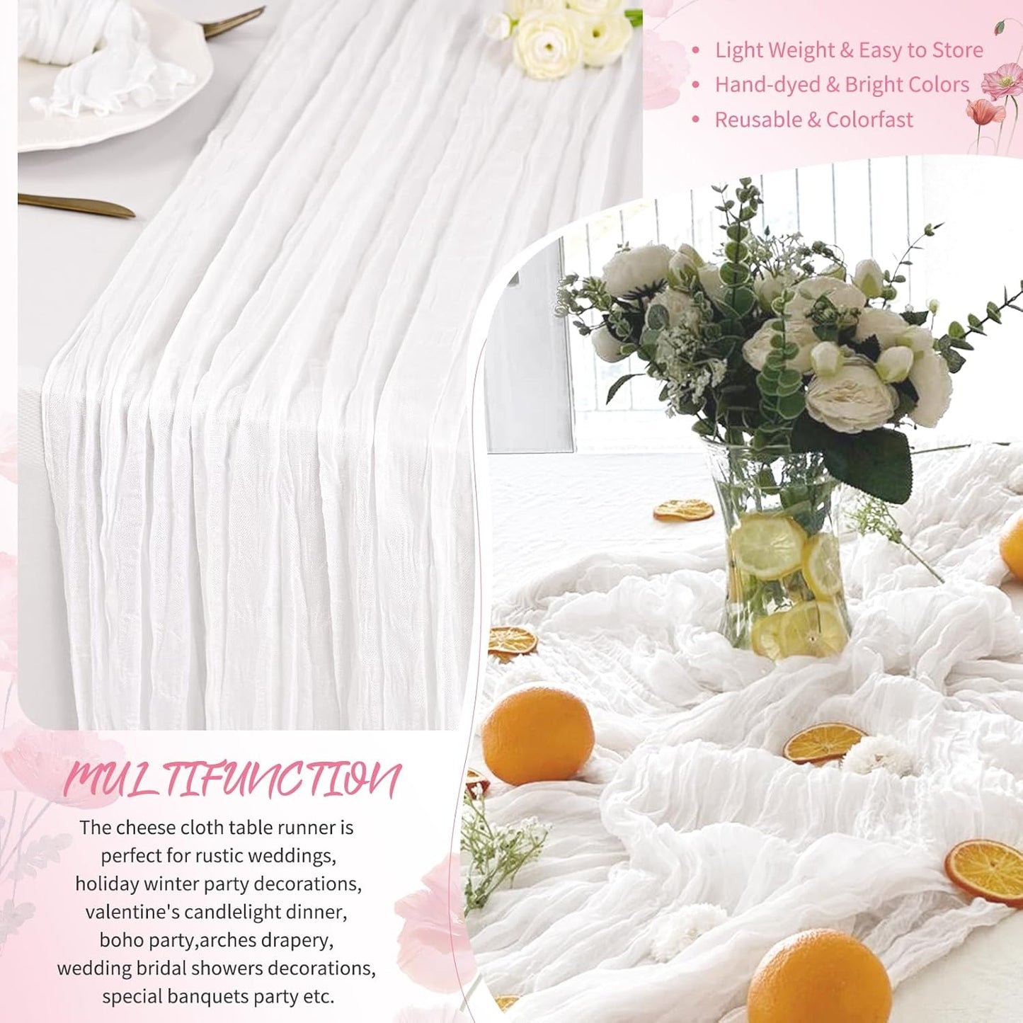 18 Pack Light Yellow Cheesecloth Table Runners, 17 x 108 Inches | Soft polyester gauze,natural wrinkled texture,reinforced edges,reusable,machine washable,weddings,baby showers