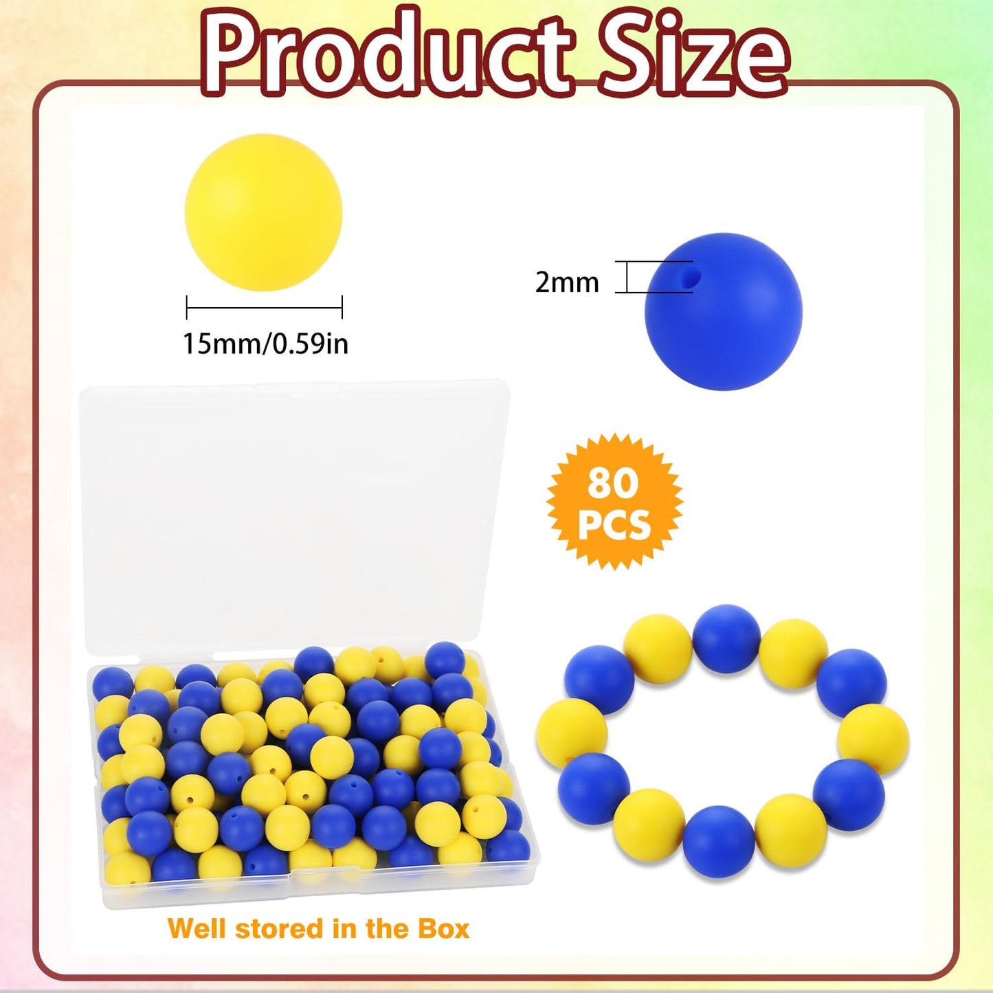 80 Pcs 15mm Round Silicone Beads for Keychain Making, Yellow Blue