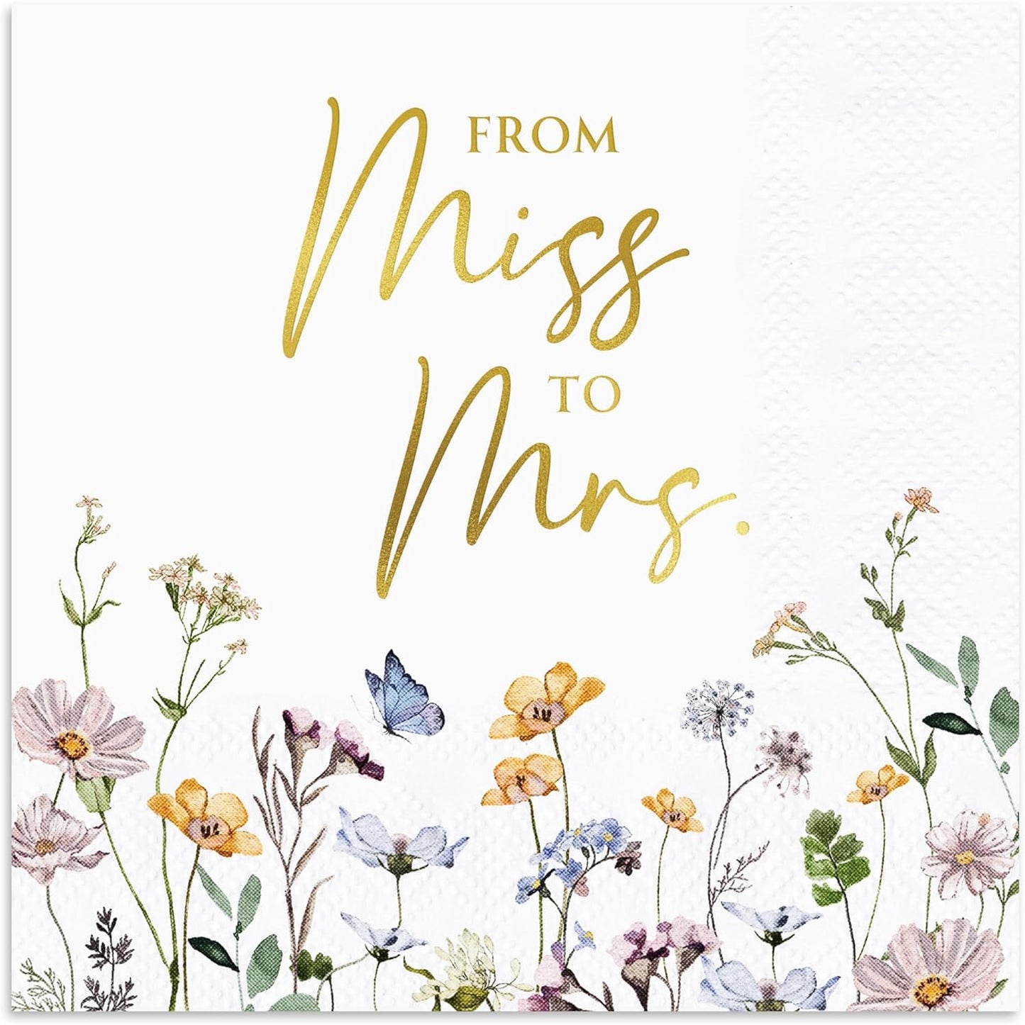 AUDREE Miss to Mrs Napkins, Gold Foil Wildflower 50 Pack, 3-Ply 5x5 | Bridal Shower Decorations - Paper Napkins for Wedding, Engagement, and Bridal Shower Party
