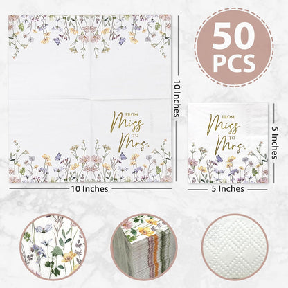 AUDREE Miss to Mrs Napkins, Gold Foil Wildflower 50 Pack, 3-Ply 5x5 | Bridal Shower Decorations - Paper Napkins for Wedding, Engagement, and Bridal Shower Party