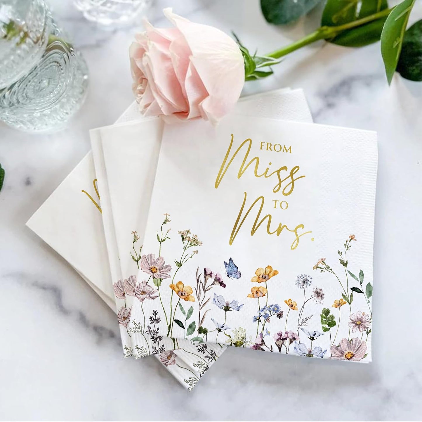 AUDREE Miss to Mrs Napkins, Gold Foil Wildflower 50 Pack, 3-Ply 5x5 | Bridal Shower Decorations - Paper Napkins for Wedding, Engagement, and Bridal Shower Party