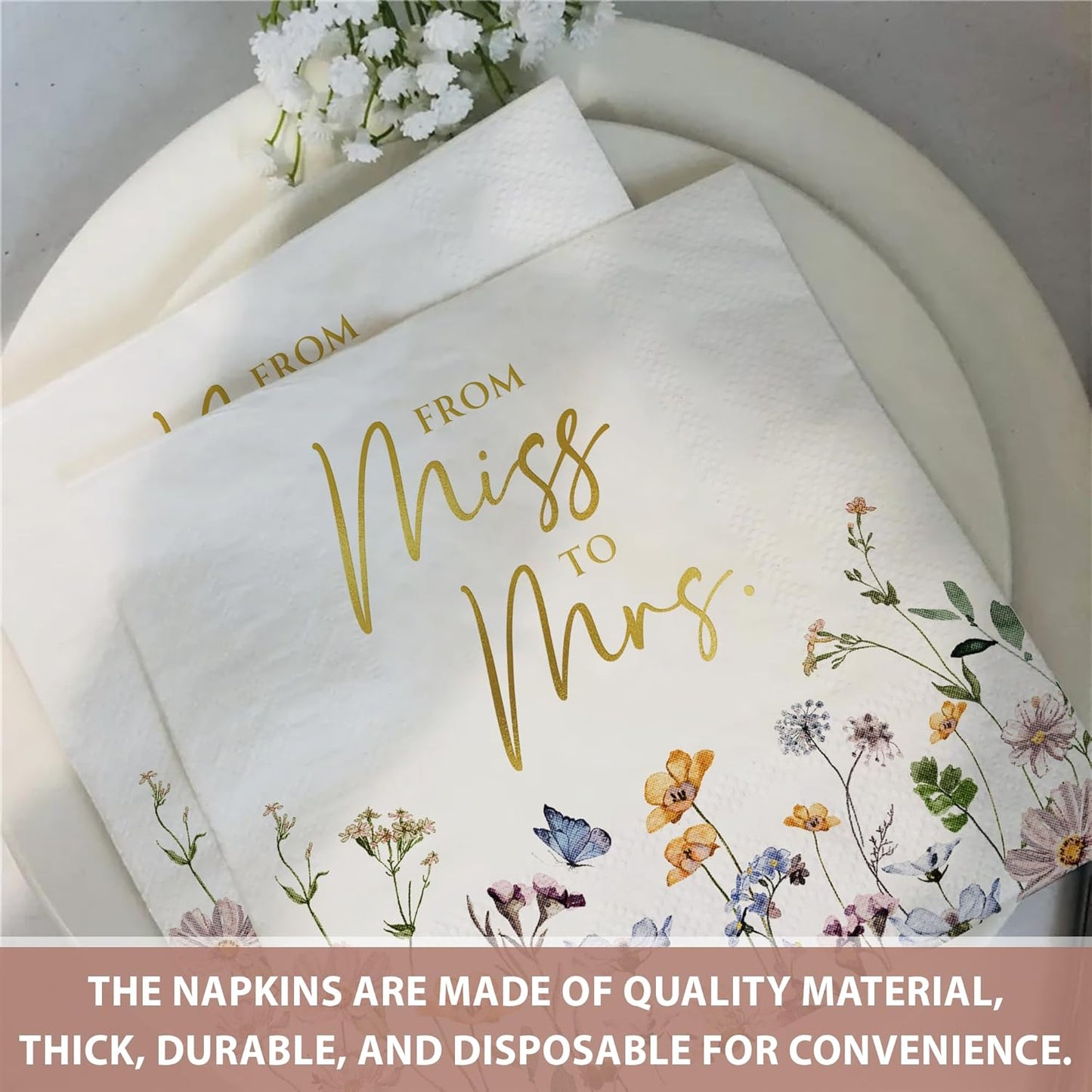 AUDREE Miss to Mrs Napkins, Gold Foil Wildflower 50 Pack, 3-Ply 5x5 | Bridal Shower Decorations - Paper Napkins for Wedding, Engagement, and Bridal Shower Party