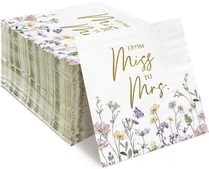 AUDREE Miss to Mrs Napkins, Gold Foil Wildflower 50 Pack, 3-Ply 5x5 | Bridal Shower Decorations - Paper Napkins for Wedding, Engagement, and Bridal Shower Party