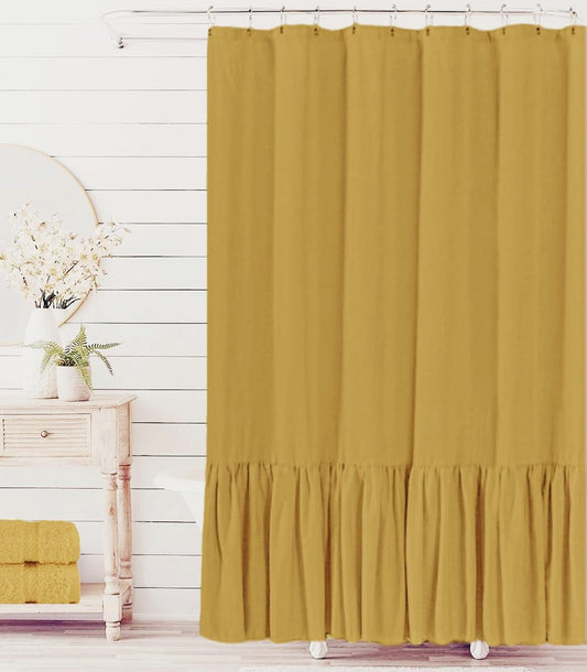 Mustard Farmhouse Shower Curtain with A Ruffle Hem, Linen Blend Shower Curtain for Bathroom,72"x72"