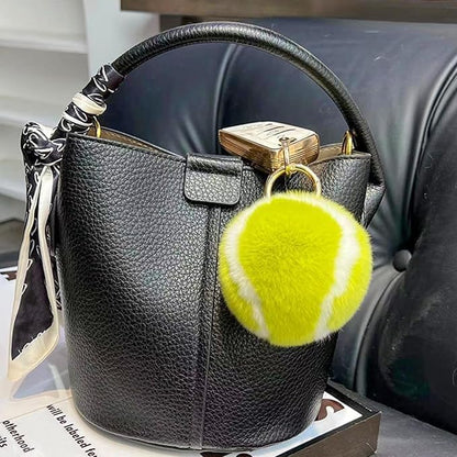 Yellow Fluffy Tennis Ball Keychain Pom Pom Key Chain Backpack Handbag Charm Accessory for Women Men Birthday Gift Sports Party Favor Keyrings and Charms, Car Keychain