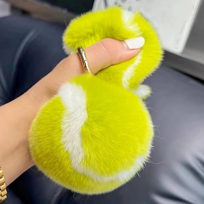 Yellow Fluffy Tennis Ball Keychain Pom Pom Key Chain Backpack Handbag Charm Accessory for Women Men Birthday Gift Sports Party Favor Keyrings and Charms, Car Keychain