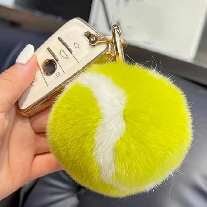 Yellow Fluffy Tennis Ball Keychain Pom Pom Key Chain Backpack Handbag Charm Accessory for Women Men Birthday Gift Sports Party Favor Keyrings and Charms, Car Keychain