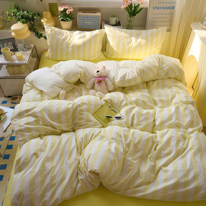 Yellow Striped Queen Duvet Cover Set Cute Soft Comforter Cover Queen Boho Chic Washed Microfiber Farmhouse Duvet Cover Set with Corner Ties College Dorm Bedding Set for Girls Duvet Protector