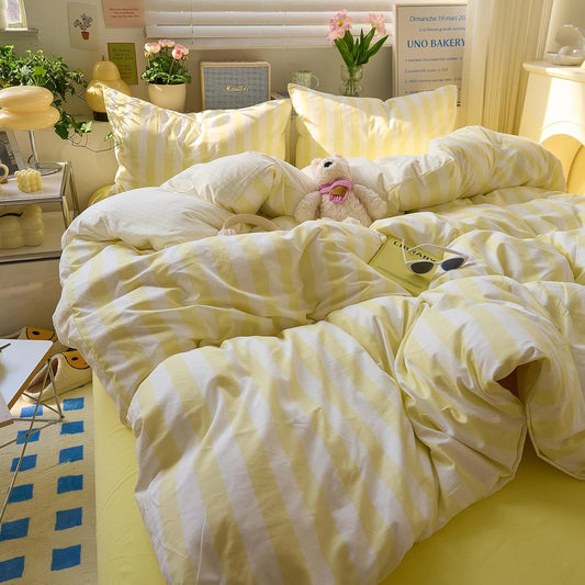 Yellow Striped Queen Duvet Cover Set Cute Soft Comforter Cover Queen Boho Chic Washed Microfiber Farmhouse Duvet Cover Set with Corner Ties College Dorm Bedding Set for Girls Duvet Protector