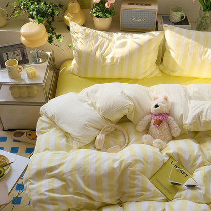 Yellow Striped Queen Duvet Cover Set Cute Soft Comforter Cover Queen Boho Chic Washed Microfiber Farmhouse Duvet Cover Set with Corner Ties College Dorm Bedding Set for Girls Duvet Protector
