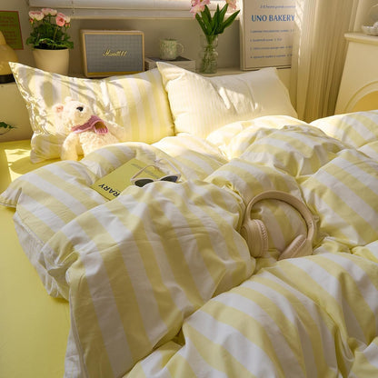 Yellow Striped Queen Duvet Cover Set Cute Soft Comforter Cover Queen Boho Chic Washed Microfiber Farmhouse Duvet Cover Set with Corner Ties College Dorm Bedding Set for Girls Duvet Protector