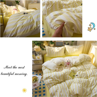 Yellow Striped Queen Duvet Cover Set Cute Soft Comforter Cover Queen Boho Chic Washed Microfiber Farmhouse Duvet Cover Set with Corner Ties College Dorm Bedding Set for Girls Duvet Protector