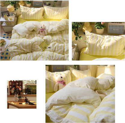 Yellow Striped Queen Duvet Cover Set Cute Soft Comforter Cover Queen Boho Chic Washed Microfiber Farmhouse Duvet Cover Set with Corner Ties College Dorm Bedding Set for Girls Duvet Protector
