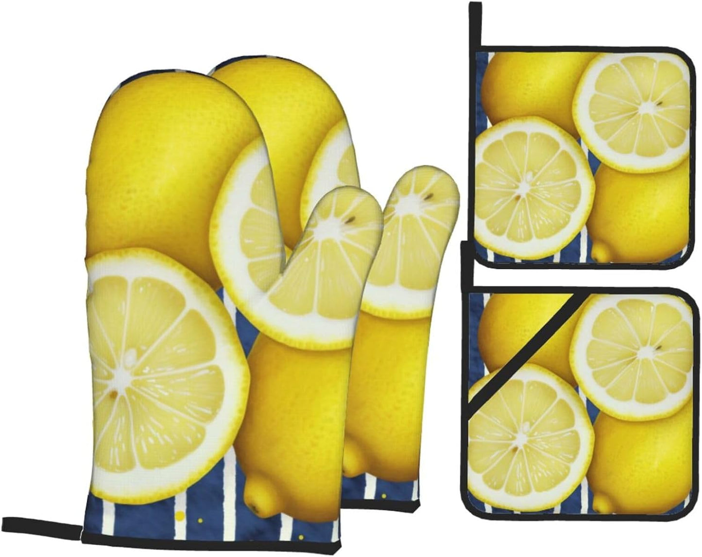 Oven Mitts and Hot Pads Set of 4, Lemon Heat Resistant Oven Gloves Mitts and Hot Pads for Baking Cooking and Kitchen Decor