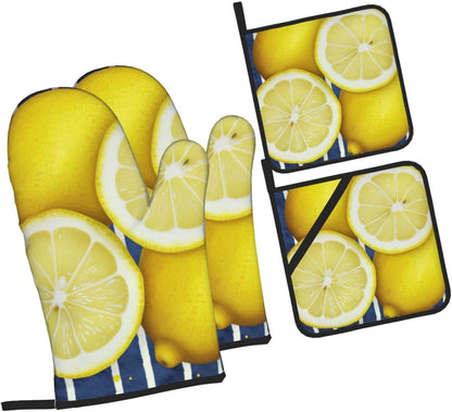 Oven Mitts and Hot Pads Set of 4, Lemon Heat Resistant Oven Gloves Mitts and Hot Pads for Baking Cooking and Kitchen Decor