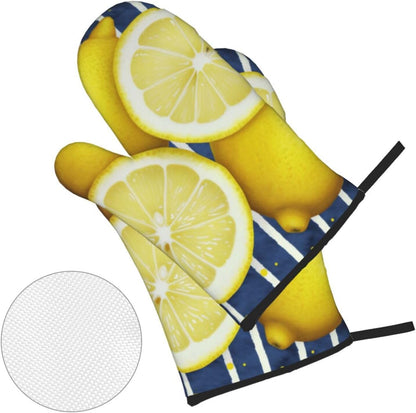 Oven Mitts and Hot Pads Set of 4, Lemon Heat Resistant Oven Gloves Mitts and Hot Pads for Baking Cooking and Kitchen Decor
