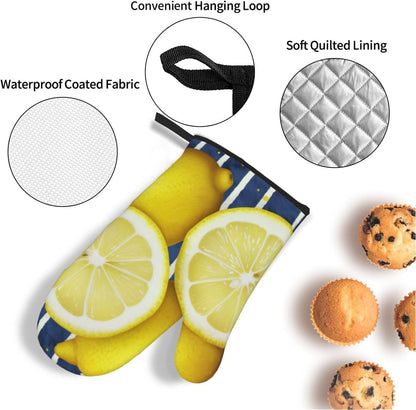 Oven Mitts and Hot Pads Set of 4, Lemon Heat Resistant Oven Gloves Mitts and Hot Pads for Baking Cooking and Kitchen Decor