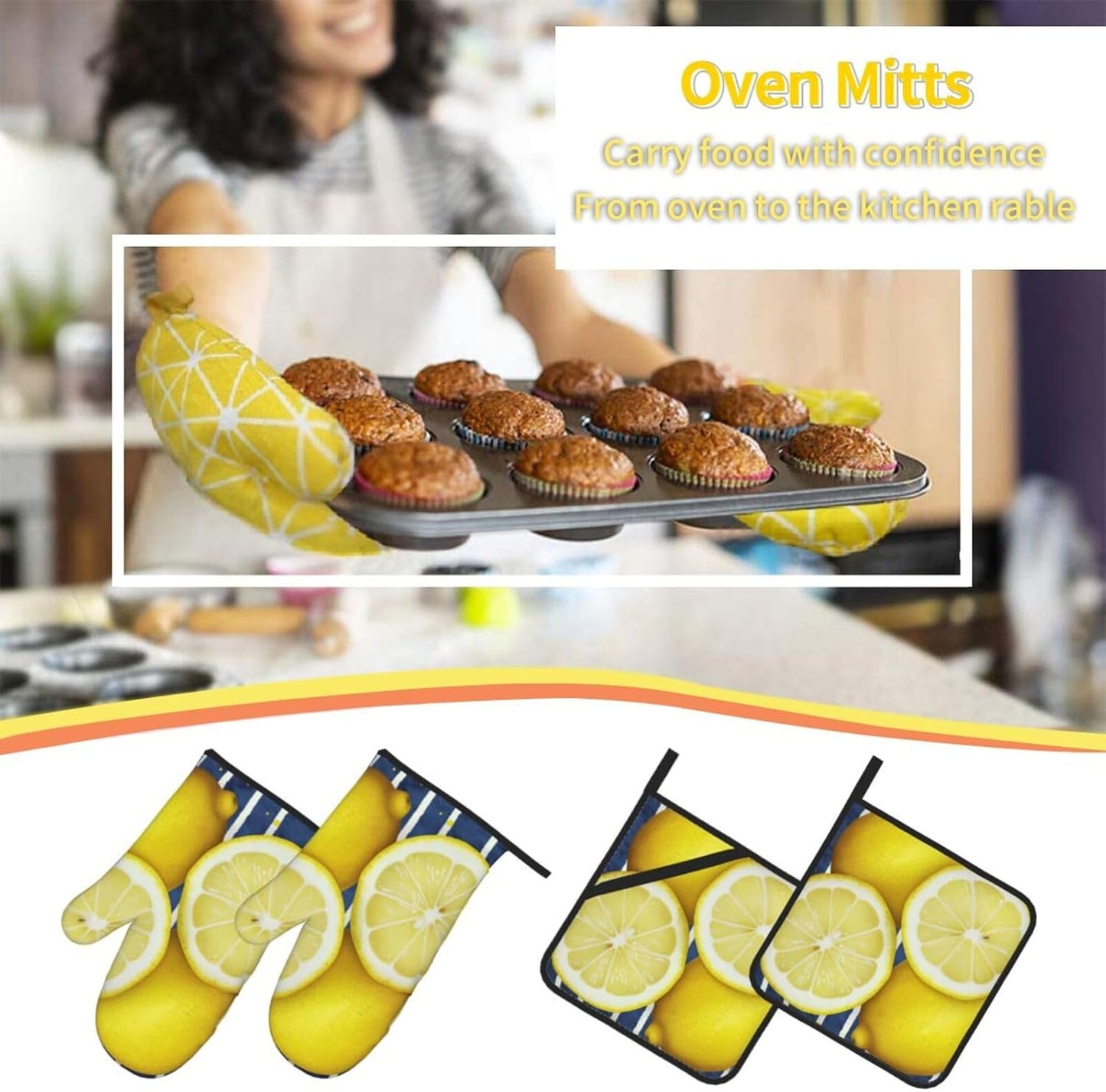 Oven Mitts and Hot Pads Set of 4, Lemon Heat Resistant Oven Gloves Mitts and Hot Pads for Baking Cooking and Kitchen Decor