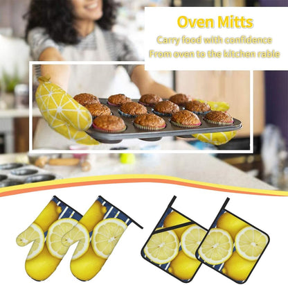 Oven Mitts and Hot Pads Set of 4, Lemon Heat Resistant Oven Gloves Mitts and Hot Pads for Baking Cooking and Kitchen Decor