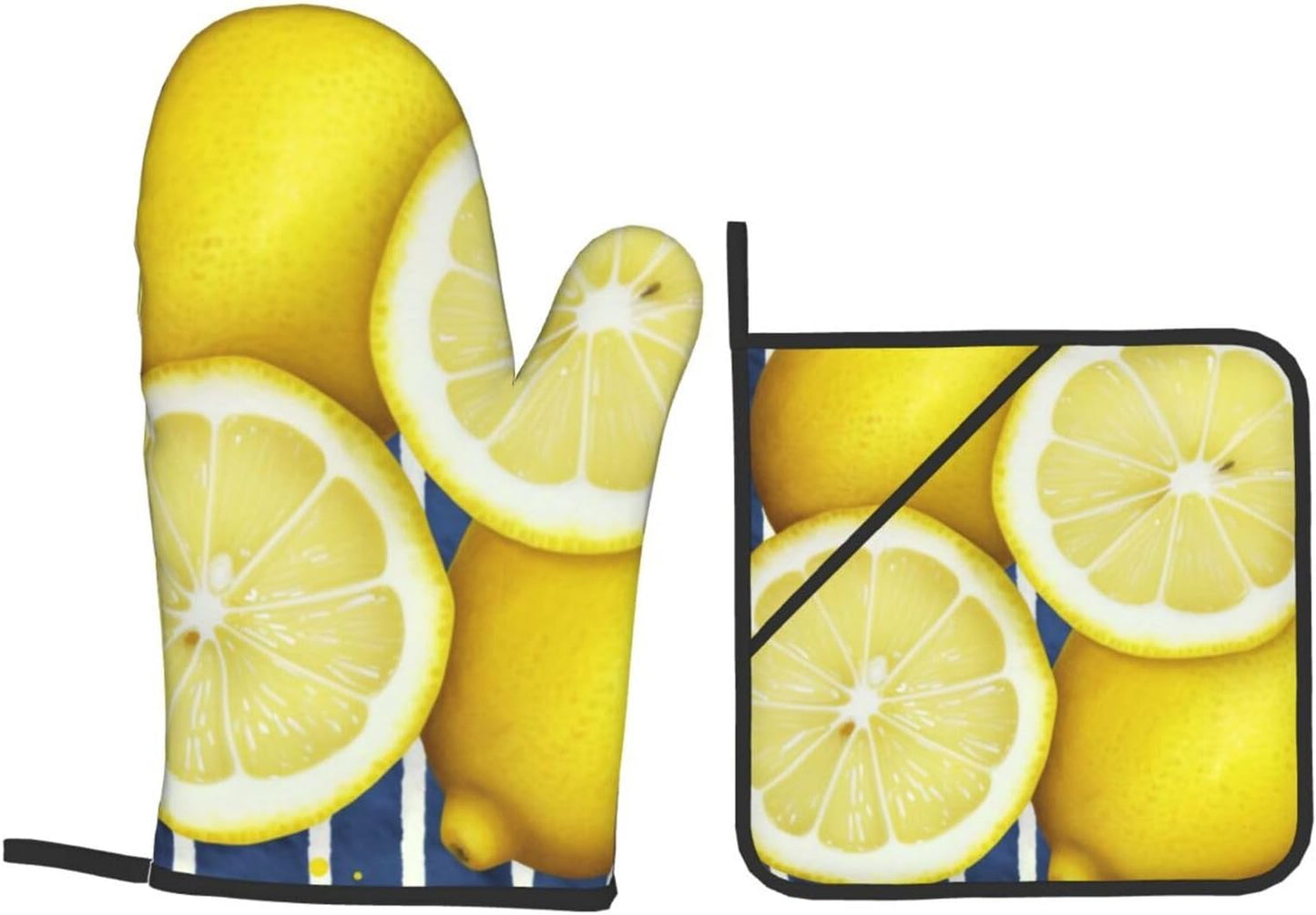Oven Mitts and Hot Pads Set of 4, Lemon Heat Resistant Oven Gloves Mitts and Hot Pads for Baking Cooking and Kitchen Decor