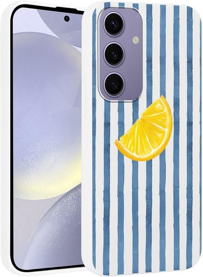 Case for Samsung Galaxy S24 5G 6.2'',Summer Fresh Lemon Blue Striped Phone Case,Trendy Cute Pretty Stripe Pattern Design Protective Shockproof Soft Silicone TPU Funda for Women Girls Men