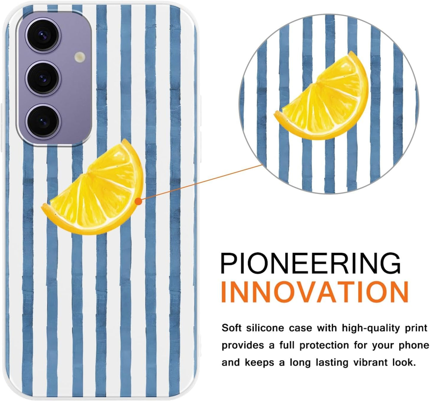 Case for Samsung Galaxy S24 5G 6.2'',Summer Fresh Lemon Blue Striped Phone Case,Trendy Cute Pretty Stripe Pattern Design Protective Shockproof Soft Silicone TPU Funda for Women Girls Men