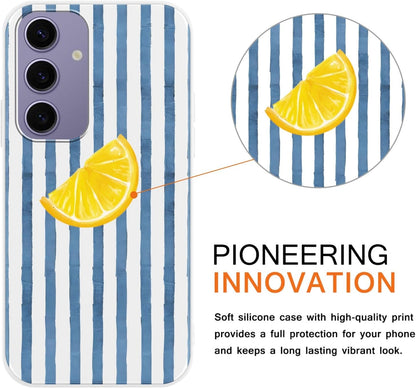 Case for Samsung Galaxy S24 5G 6.2'',Summer Fresh Lemon Blue Striped Phone Case,Trendy Cute Pretty Stripe Pattern Design Protective Shockproof Soft Silicone TPU Funda for Women Girls Men
