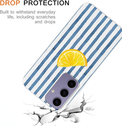 Case for Samsung Galaxy S24 5G 6.2'',Summer Fresh Lemon Blue Striped Phone Case,Trendy Cute Pretty Stripe Pattern Design Protective Shockproof Soft Silicone TPU Funda for Women Girls Men