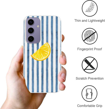Case for Samsung Galaxy S24 5G 6.2'',Summer Fresh Lemon Blue Striped Phone Case,Trendy Cute Pretty Stripe Pattern Design Protective Shockproof Soft Silicone TPU Funda for Women Girls Men