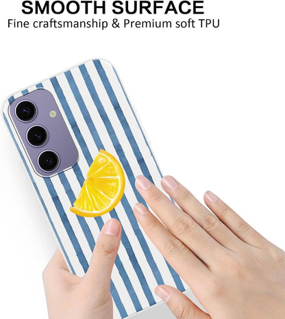 Case for Samsung Galaxy S24 5G 6.2'',Summer Fresh Lemon Blue Striped Phone Case,Trendy Cute Pretty Stripe Pattern Design Protective Shockproof Soft Silicone TPU Funda for Women Girls Men