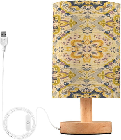 Yellow Tile Bedside Table Lamp for Bedroom LED Nightstand Lamp with Wood Base & USB Port Linen Shade Desk Light for Nursery Decor