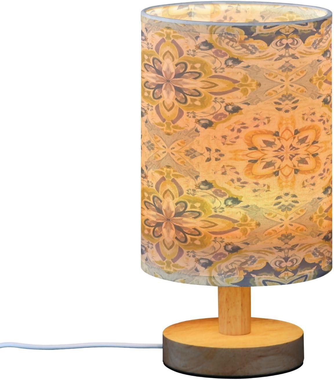 Yellow Tile Bedside Table Lamp for Bedroom LED Nightstand Lamp with Wood Base & USB Port Linen Shade Desk Light for Nursery Decor